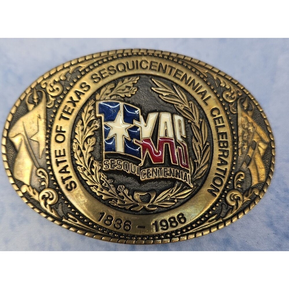 Solid BRASS BELT BUCKLE State of Texas Sesquicentennial Celebration (1836-1986)